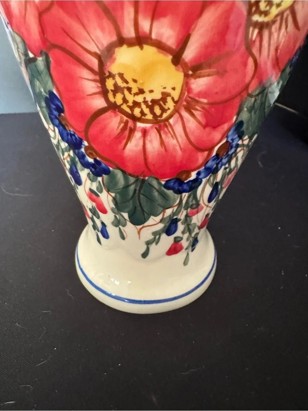 Vintage Polish Pottery Andy Tall Vase Red Floral Flowers